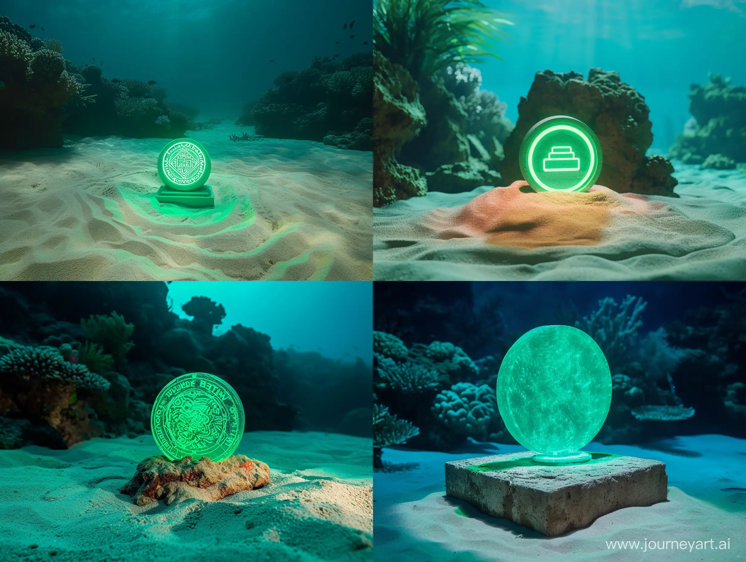 светящийся круглый логотип зеленого цвета, монумент под водой, на песке, коралловый риф на фоне