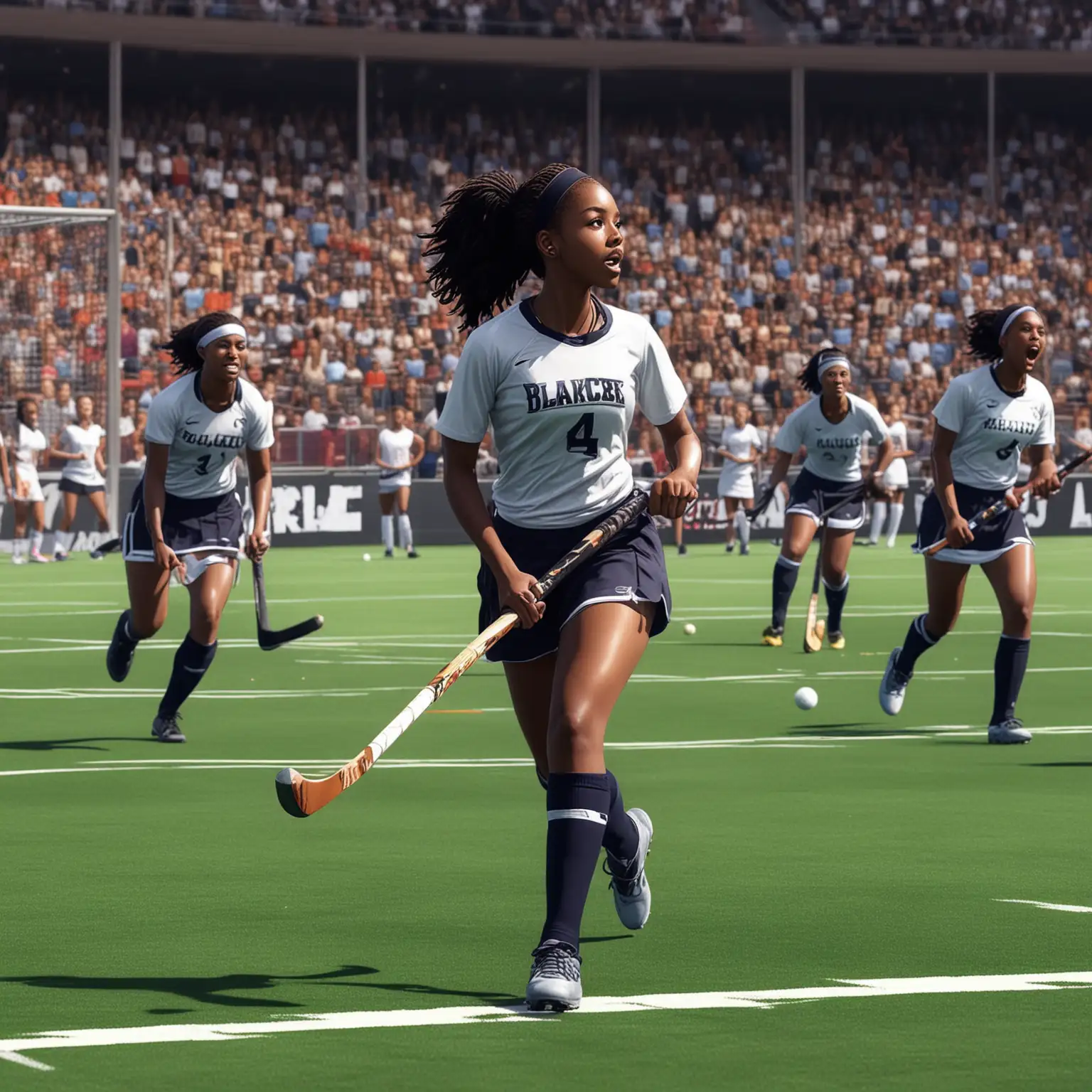 Create anime style logo of black american playing field hockey, scoring a goal in crowded stadium, cameras flashing, fans cheering