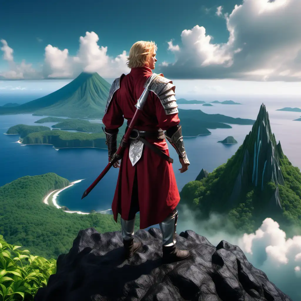 A blonde man in illuminated silver, crimson, and forest green-accented fantasy garb faces away atop a peak toward a vista of verdant islands with mountainous volcanos in the midst of a great sea.  He has a scabbard attached to his back that angles toward his right shoulder.