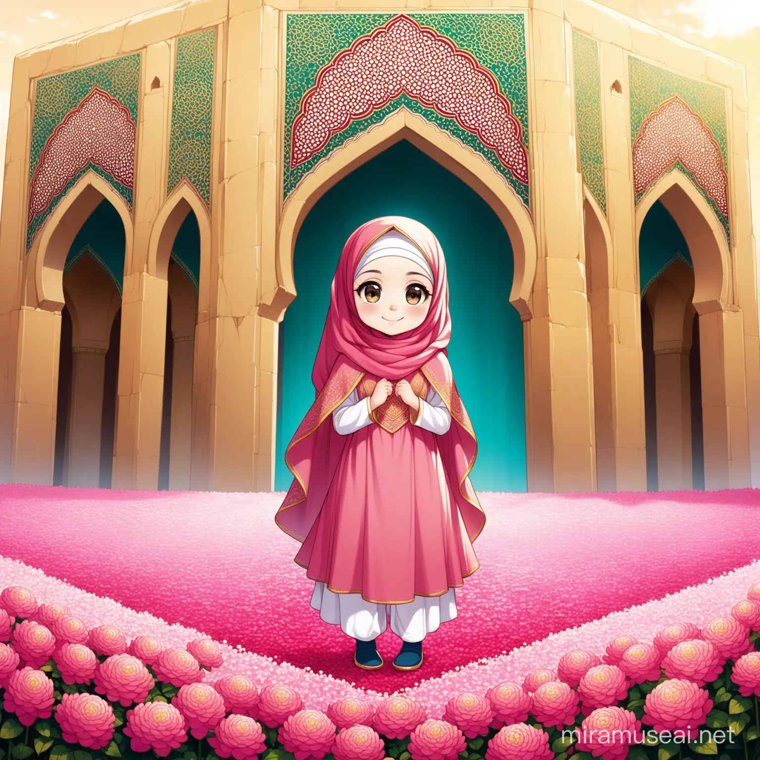 Character Persian little girl(full height, Muslim, with emphasis no hair out of veil(Hijab), smaller eyes, bigger nose, white skin, cute, smiling, wearing socks, clothes full of Persian designs).

Atmosphere Tomb of Hafez, nice flag of Iran proudly raised and full of many pink flowers, lake, sparing.