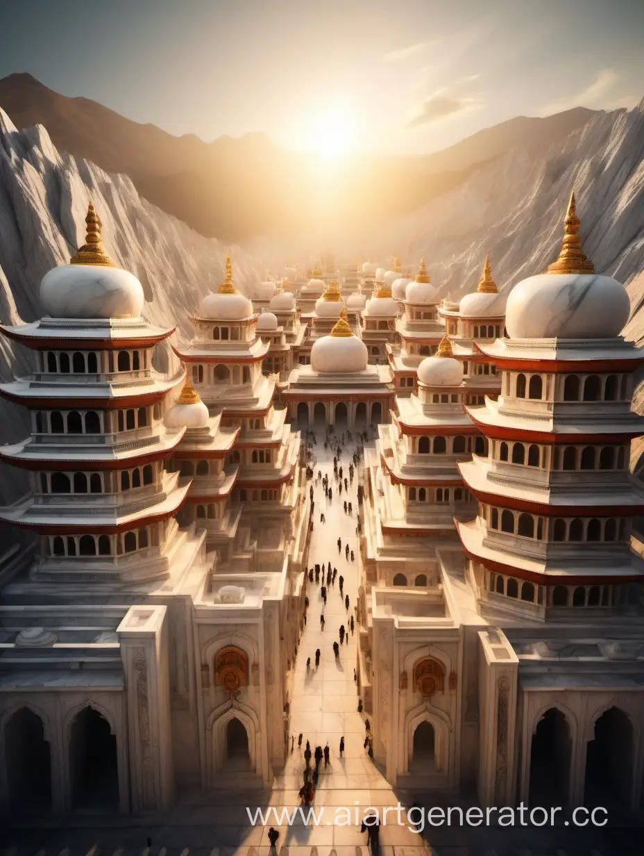 Невероятно красивый белокаменный и высокий фэнтэзи город, город похож на тибетские монастыри, лучи заходящего солнца падают на белые стены, высокие арочные ворота