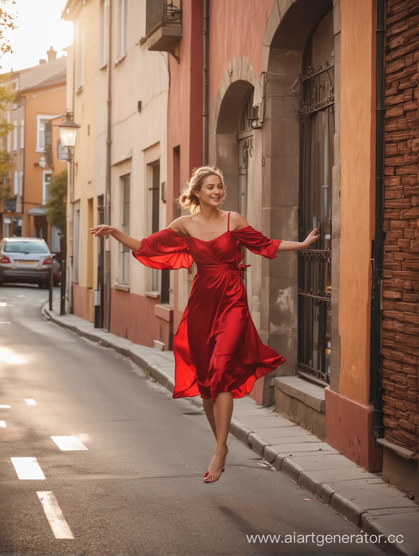 Elegant-Woman-in-Red-Evening-Dress-Gliding-Down-Sunny-Street