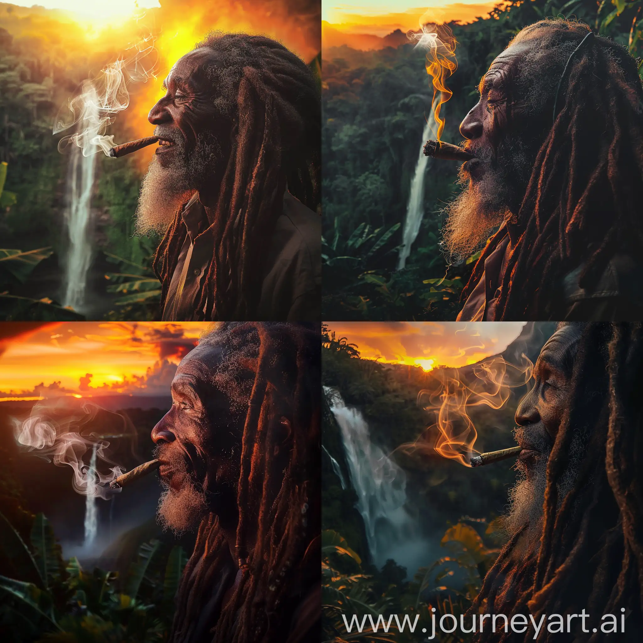 a happy Old rastafari man with dreadlocks smoking a spliff in banana plantation up in the Jamaican mountains by a waterfall at sunset. his face is lit from the side, the smoke is lit by orange light from the sunset. his facial contours are well defined by shadows