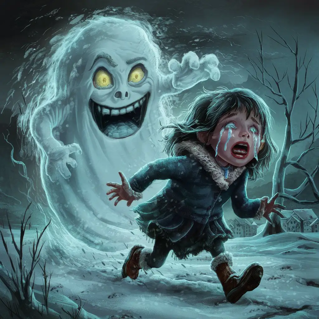 A crying girl running from the ghost of a snowstorm, the snowstorm has a crazy smile