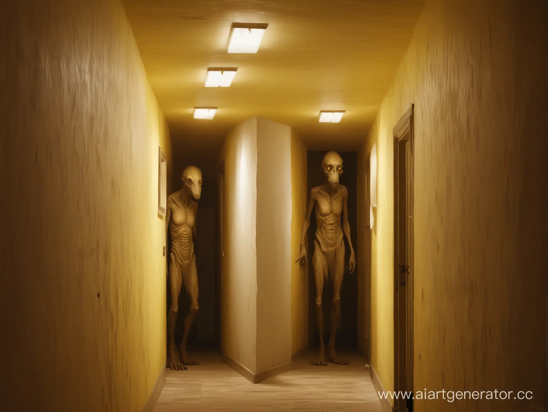 Curious-Humanoid-Monster-Peeks-Around-Corner-in-Long-Corridor