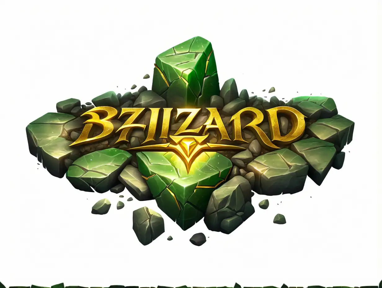 a green stone heavily textured logotype with cracks and golden details, digital painting, game art, blizzard art style