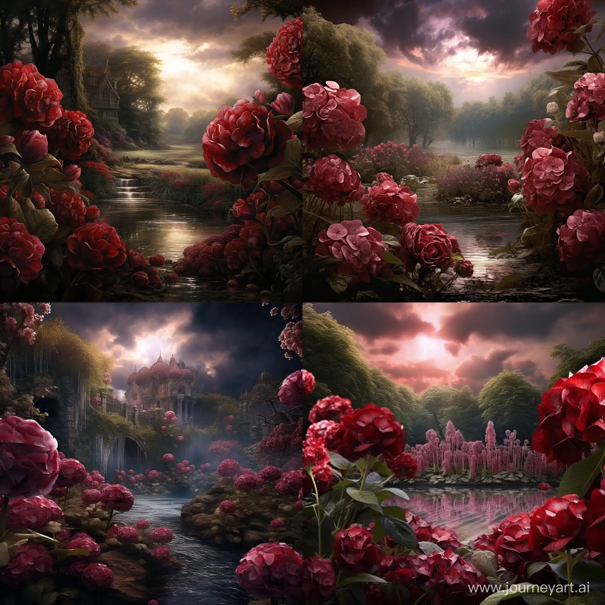 A wonderful garden of dark red hydrangeas by a small pond. It is cloudy, the sun barely makes its way through the clouds and illuminates the garden, there are lotuses in the pond