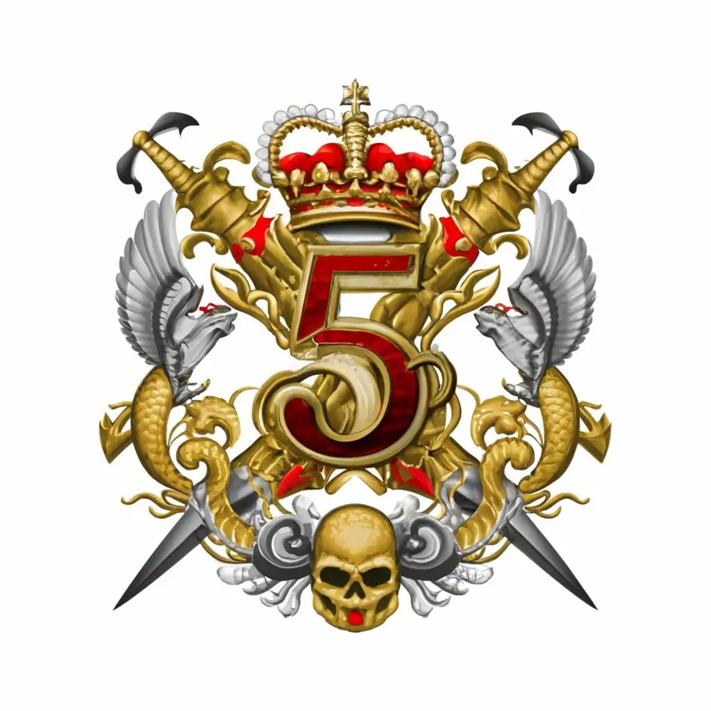 a logo design,with the text '5', main symbol:regiment emblem, circular,daggers,skulls, snakes, wings, crown, historic, england national colors, caligraphy, no background, no empty space,complex,clear background
