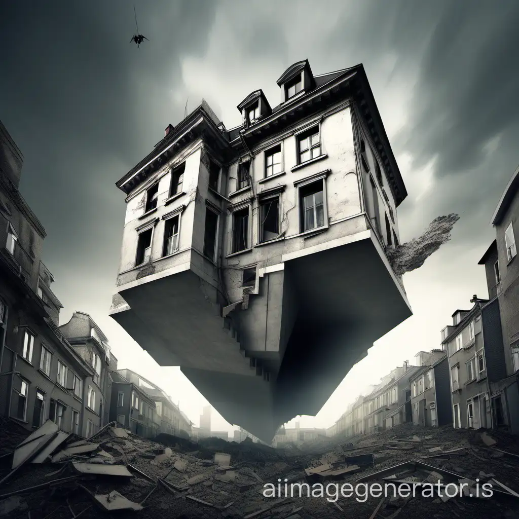 The city underground. One of the rectangular houses is flying upwards from underground. The house is collapsing, we see the house from below. Around the house are grey walls, underground.