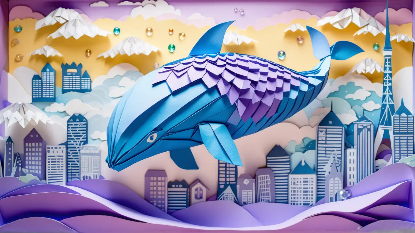 Abstract art paper art origami diorama of ghibli inspired image of a beautiful enchanting silver-haired, blue-eyed goddess playing with a big purple whale in tokyo skyline, with clouds like waves and bubbles and sunshine