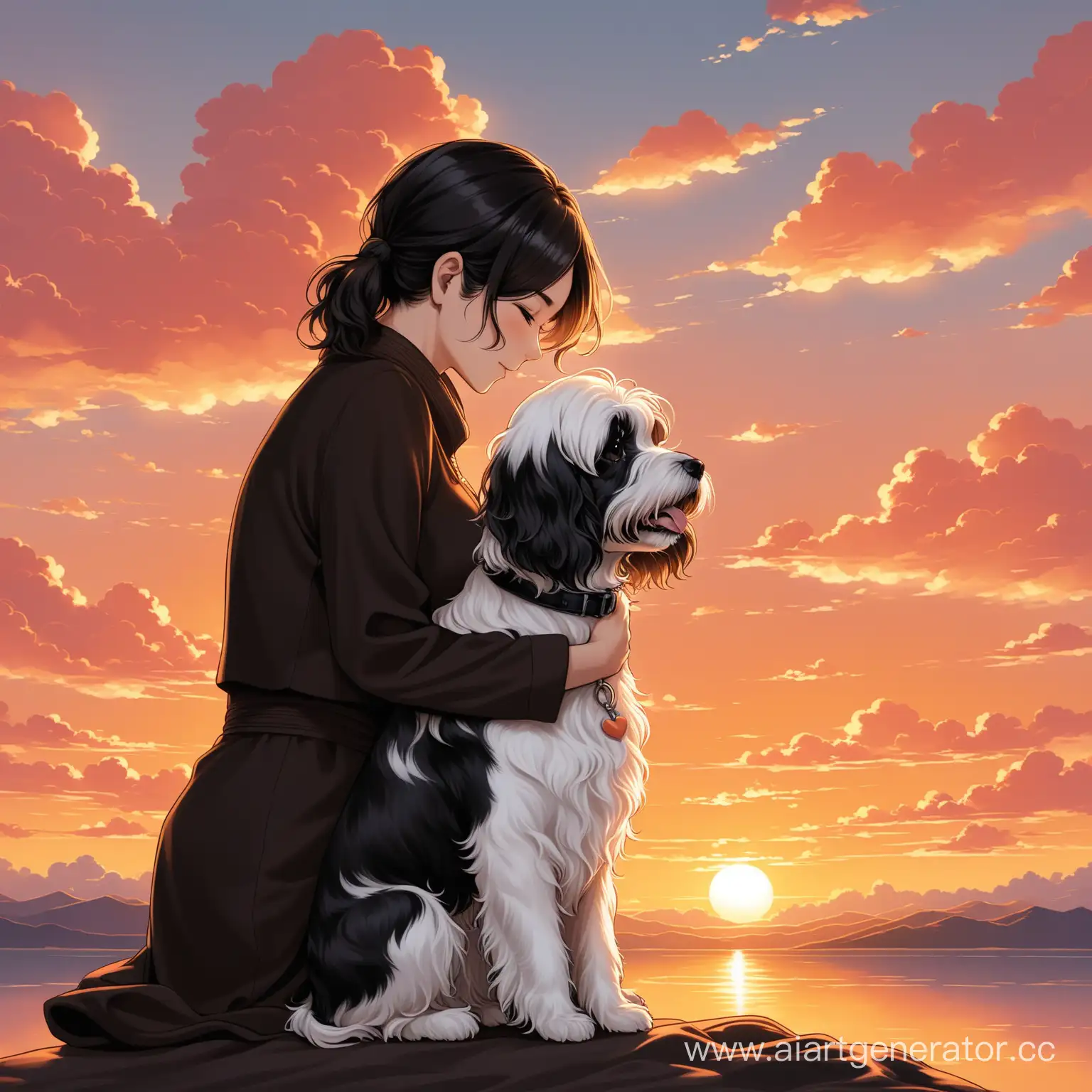 Peach-Clouds-Sunset-with-Tibetan-Terrier-Beautiful-Bond-between-Human-and-Dog