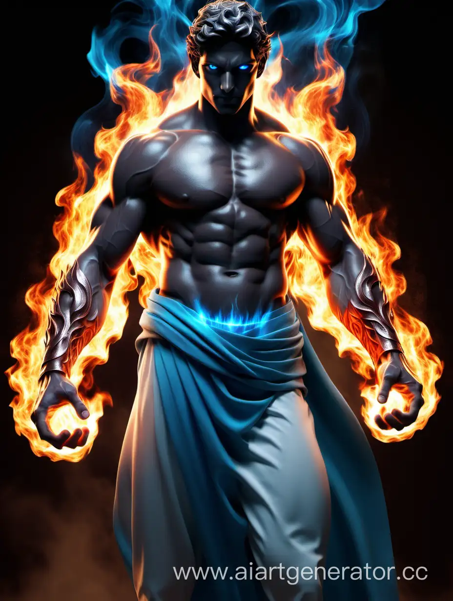 a man, greek god physique,blue eyes,fire powers