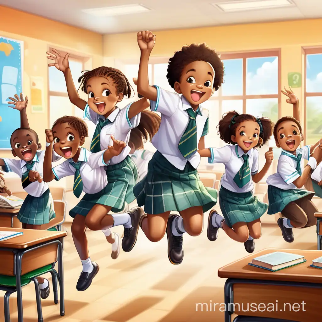 group of african school kids boys and girls in school uniform jumping up and down in classroom filled with fun learning material side view

