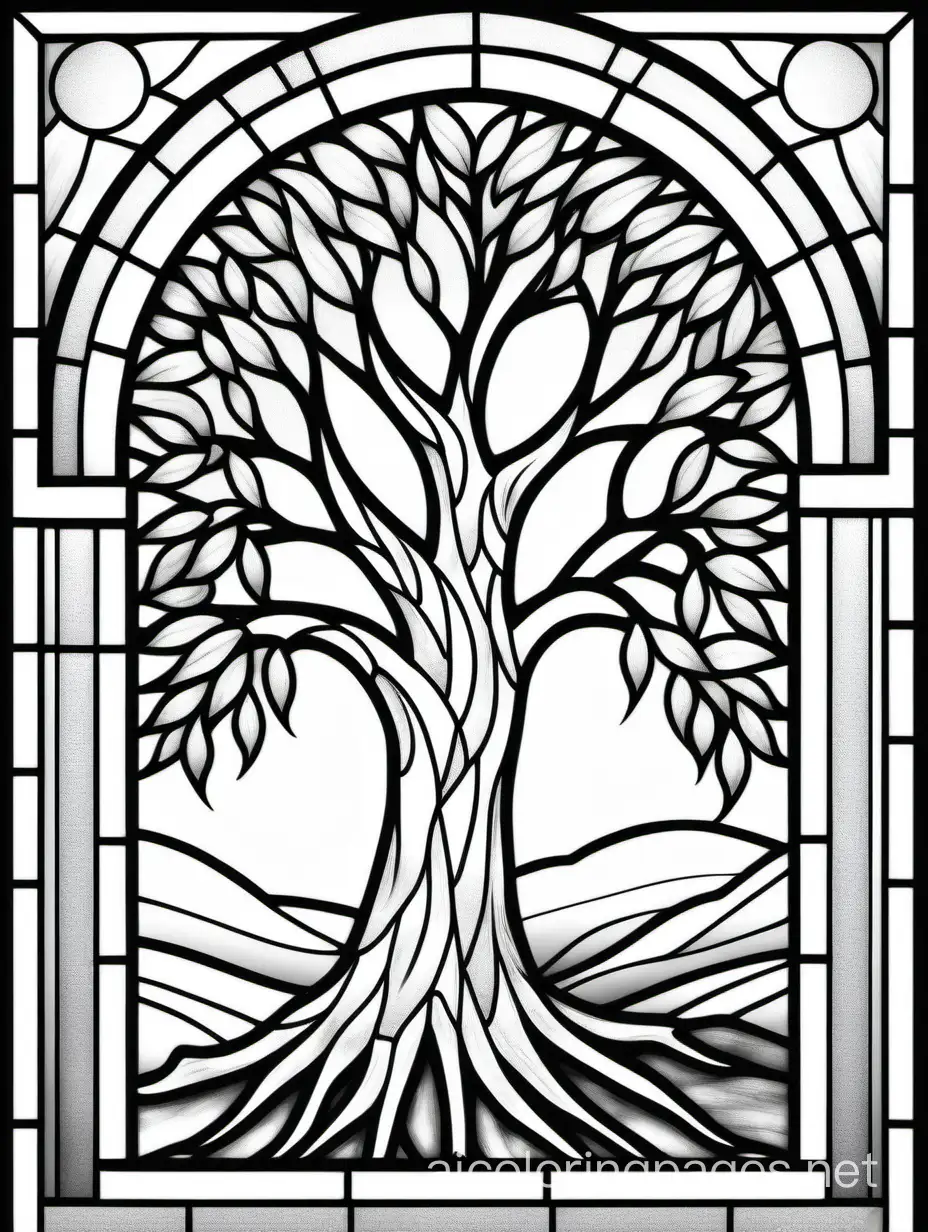 STAINED GLASS WINDOW OF A WILLOW TREE, Coloring Page, black and white, line art, white background, Simplicity, Ample White Space. The background of the coloring page is plain white to make it easy for young children to color within the lines. The outlines of all the subjects are easy to distinguish, making it simple for kids to color without too much difficulty