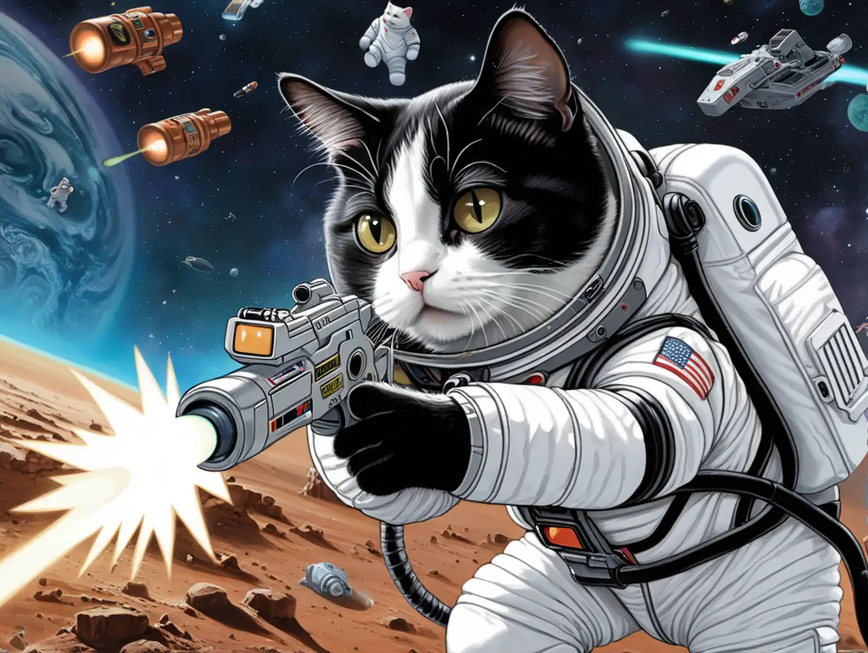 a tuxedo cat in a space suit shooting a lazer gun 
