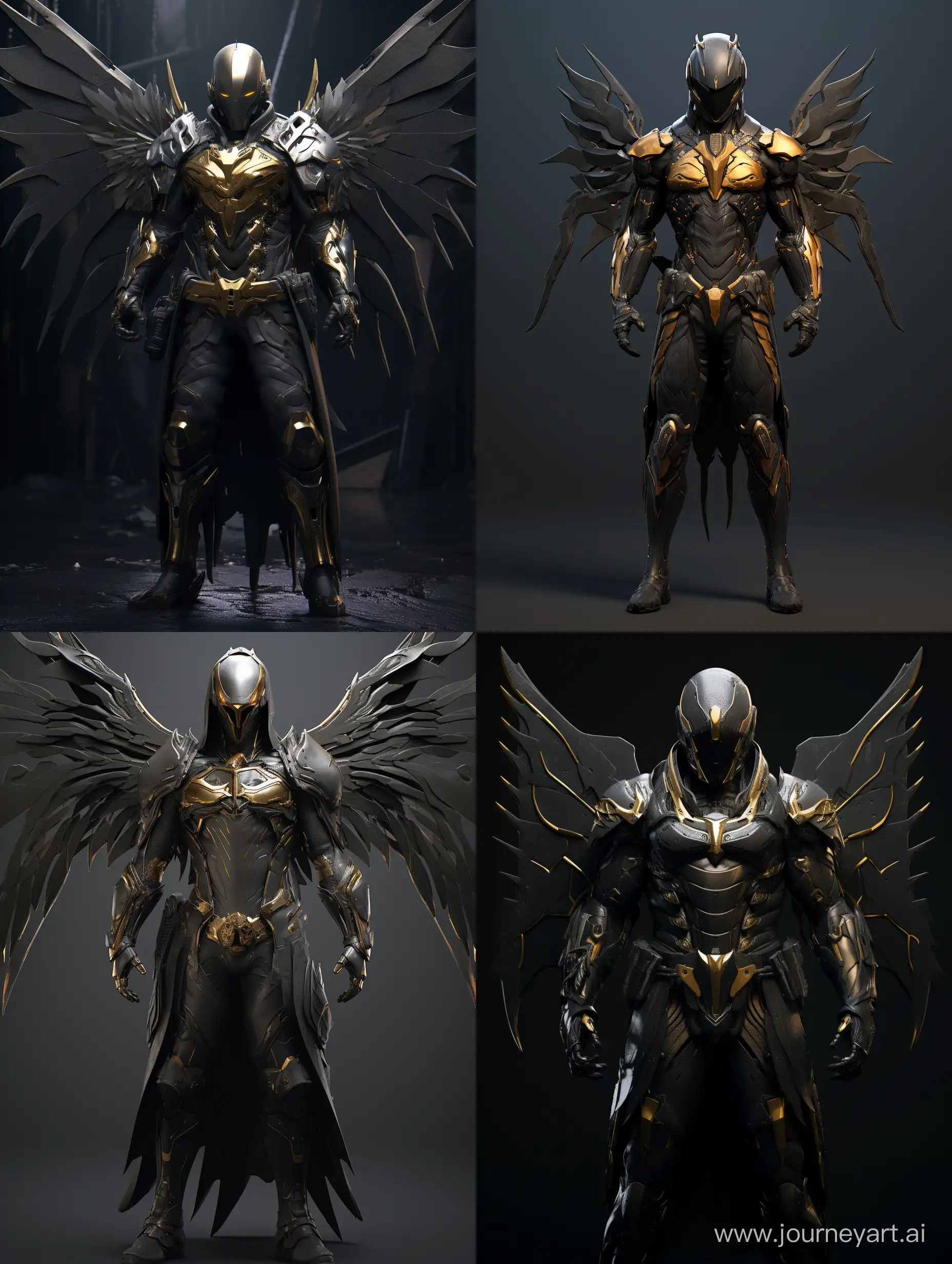 concept art, sci - fi male hunter full body character concept, dark angel, black wraps, wings, gold mask, 3d model cyberpunk, insane detail
