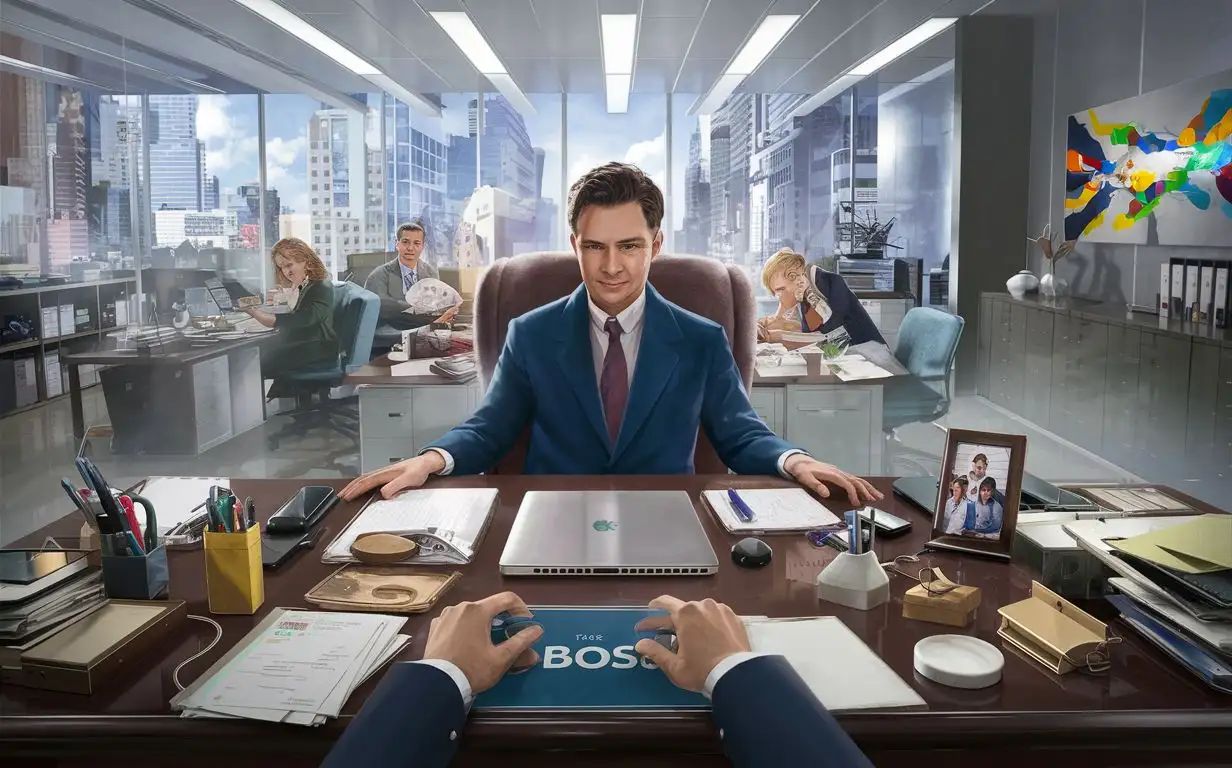 The desktop in the boss's office is a first-person view