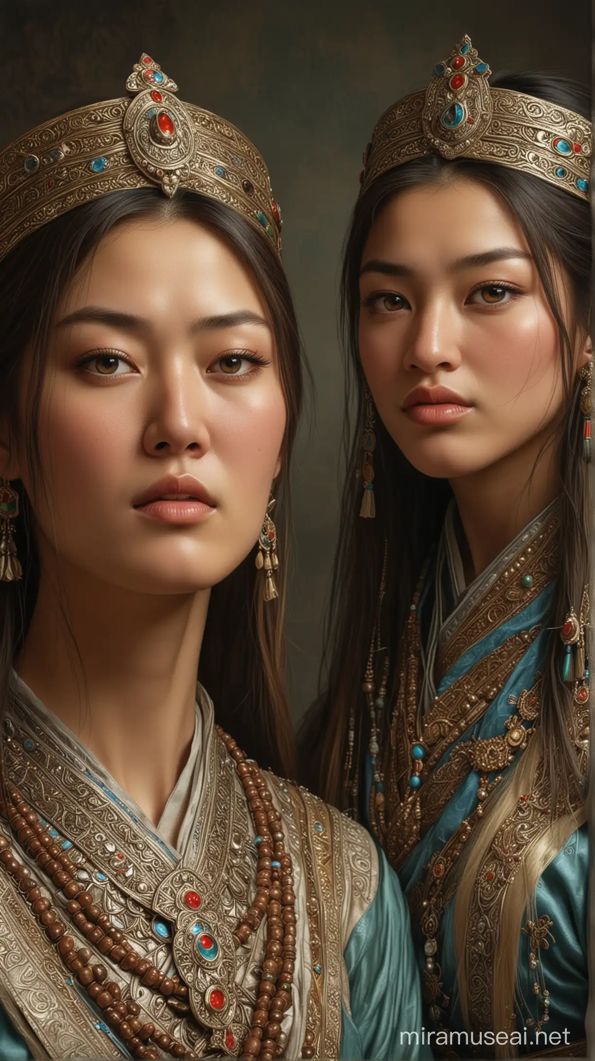 Illustration of Genghis Khan's daughters as the ultimate support system, representing the secret behind his achievements. hyper realistic