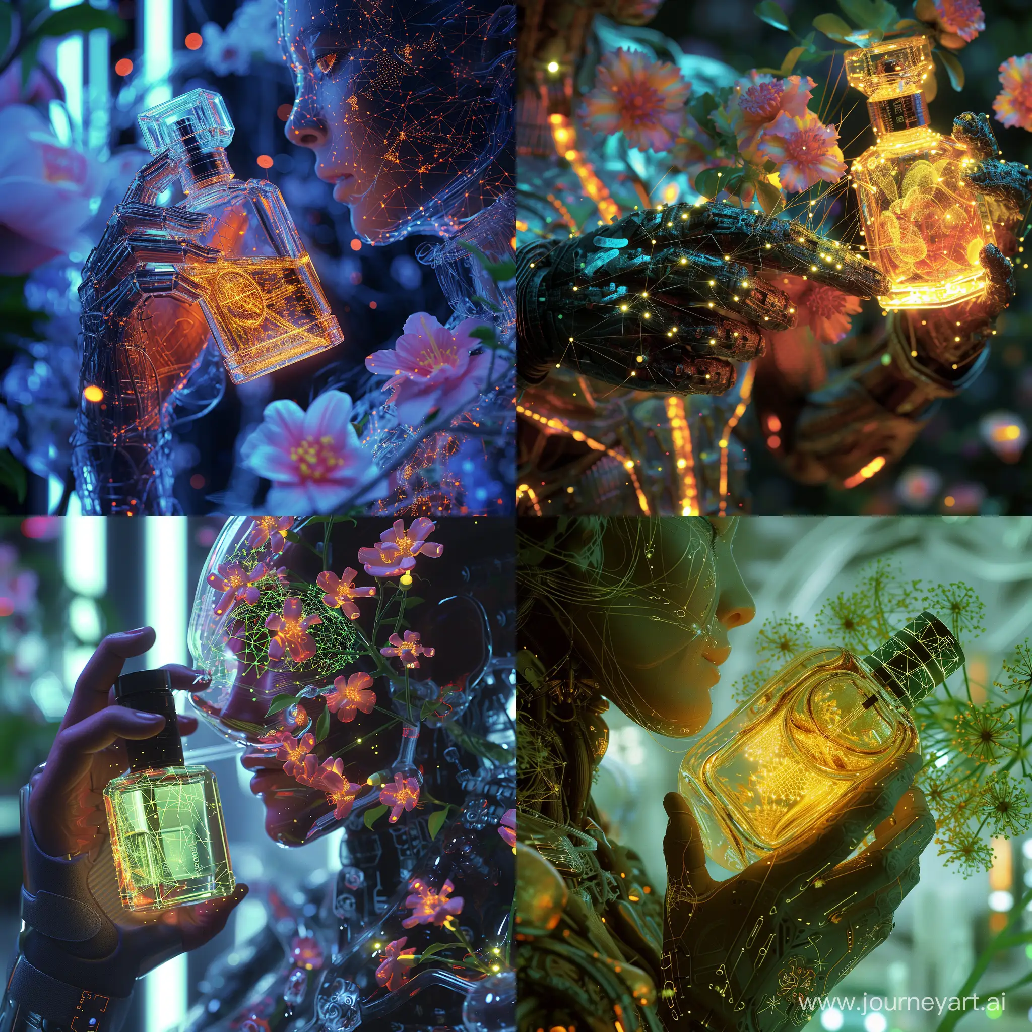 a close up of a person holding a bottle of perfume, beautiful sci fi art, nvidia and behance, glowing flowers, humanoid, highly detailed and hypnotic, amazing splashscreen artwork, shpongle, illustration - n 9, interconnected human lifeforms, nanogirlv 2, imaginative realism