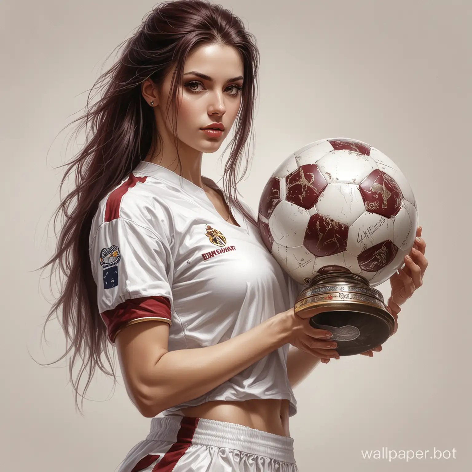 sketch Bosnian girl 25 years old dark long hair 6 breast size narrow waist In burgundy with white soccer uniform holds a large champions cup white background high realism Style Luis Royo sketch