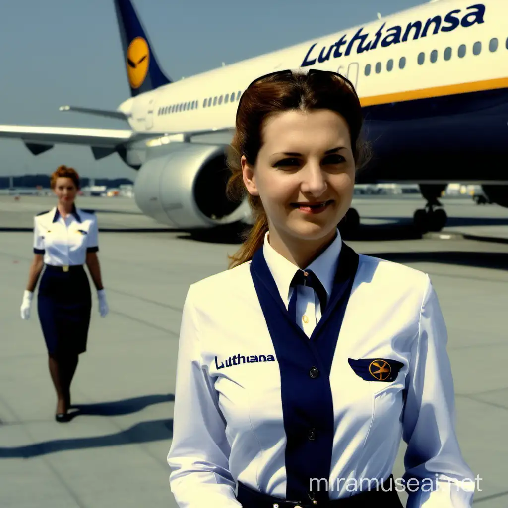 A Lufthansa flight attendance. She has a Lufthansa uniform on. The Lufthansa plane can be seen behind the woman.