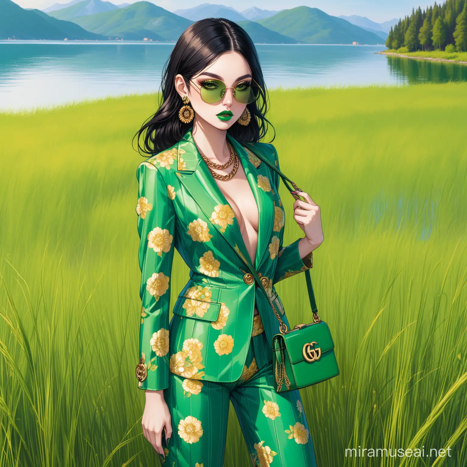 wideview huge silicone floral green earrings, longleg whole body brunette short super black  hair female model, round doll face, italian make-up green lips, golden floral suit, gucci green sunglasses and green  purse, dense grass around, lakeside,