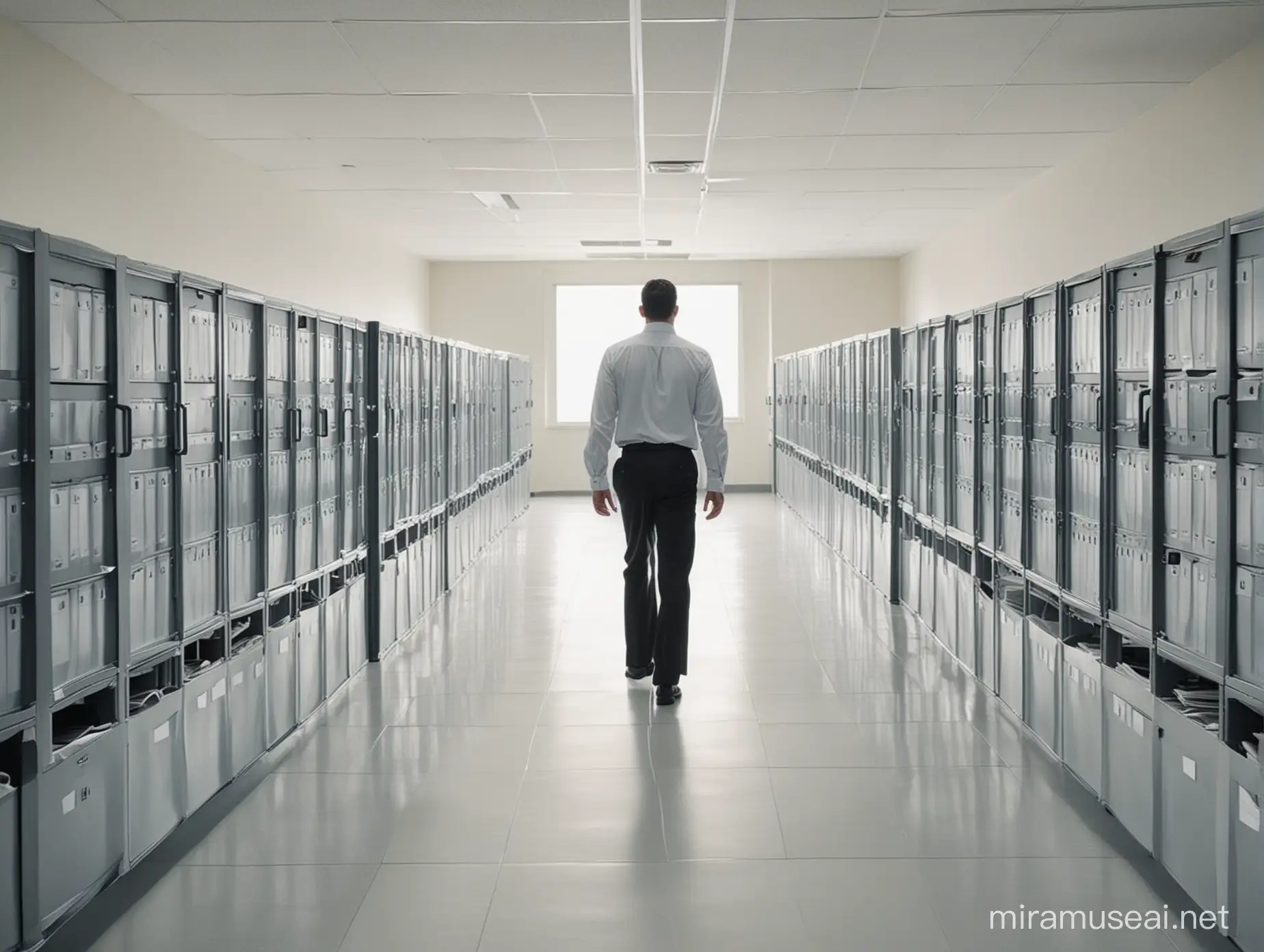 Office Worker Navigating Pristine Data Center with Advanced Computers and Databases