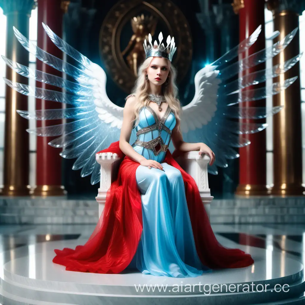 Небесная богиня валькирия с лазурными прозрачными крыльями , ярким алым платьем , корона с драгоценными камнями , строгой причëской , светлые волосы , высокомерный гордый взгляд , сидит на белом хрустальном троне в Храме