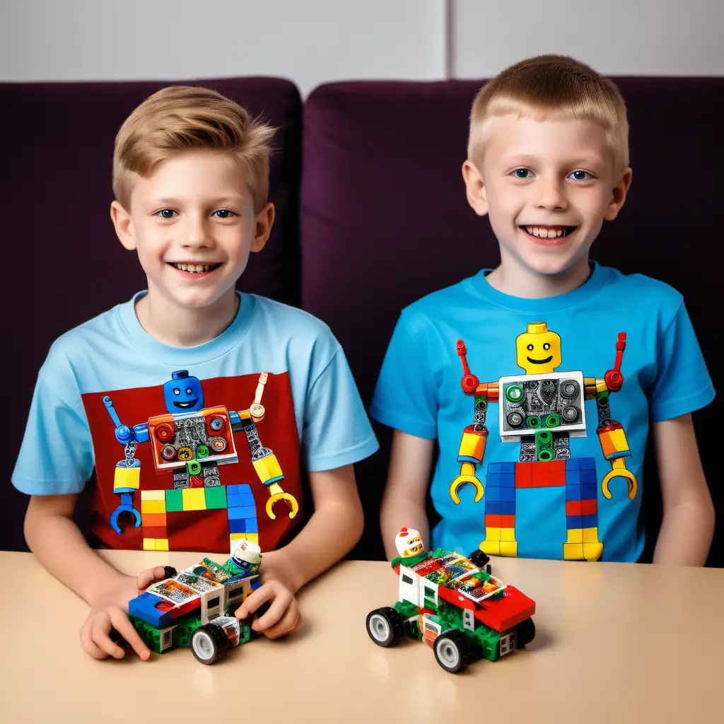 2 BOYS, AROUND 8-9 YEARS OLD, IN COLORFUL T-SHERTS WITH SMILY MENSES AND THEY WAS HIGH TO THE WAIST AND HAD THEY DISPLAYED AT THE TABLE
  WHO ARE HOLDING A ROBOT MADE FROM LEGO MAISTROME
