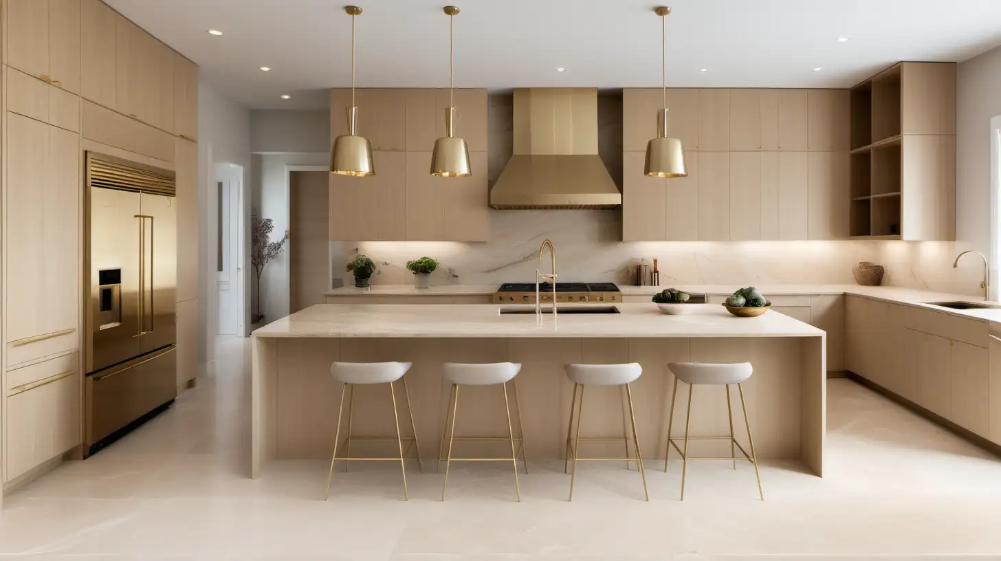 grand Minimalist Kitchen; double height ceilings; blonde oak cabinets with brass handles; travertine island; blonde oak flooring; 

