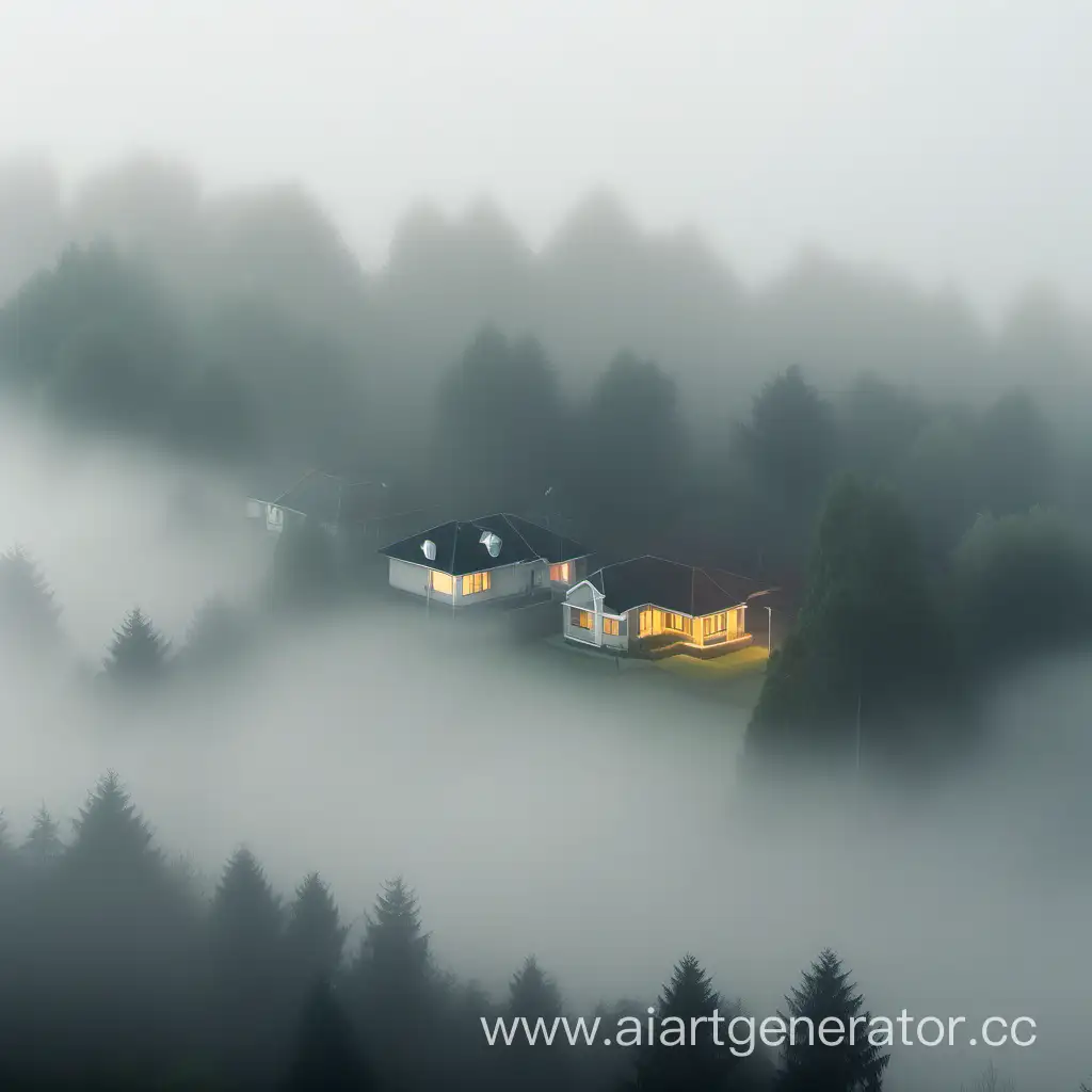 пригород у леса в густом тумане