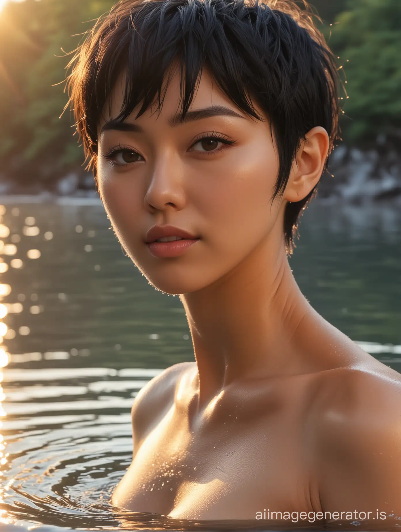 a beautiful woman, pixie cut black hair, japanese, she is a perfect glamour good looking bewitching, she is bathing on the sunrise lake, extreme close-up stretch little plump toned abs line, she have a perfect narrow waist, all nude, 8K UHD, highly detailed, full body in image