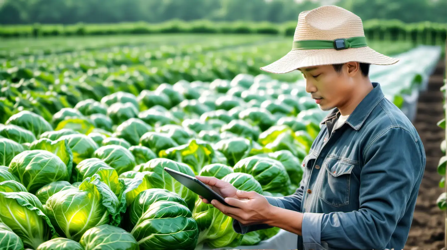 Farmer using tablet inspecting fresh vegetable in farm, smart farming concept
