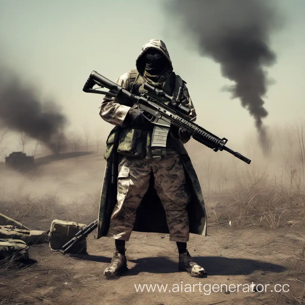 думгай в маскировочном халате стоит посреди поля битвы со снайперской винтовкой в руках