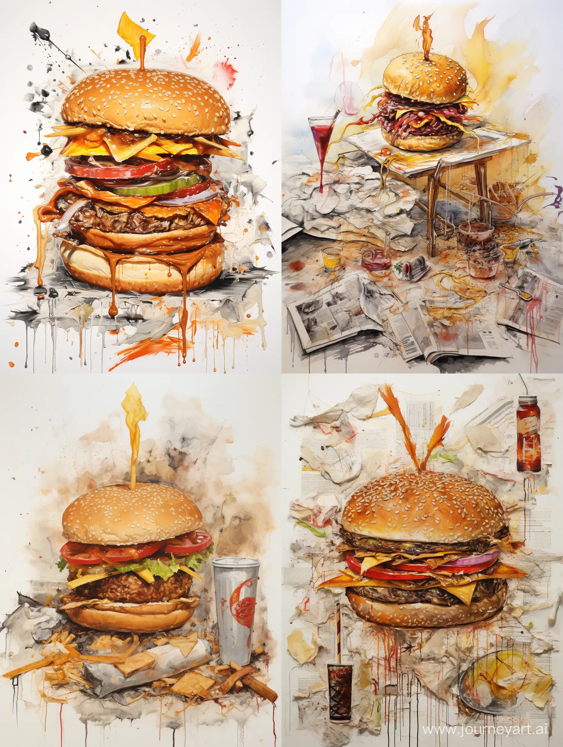 burger, fries on a side, ketchup and mustard stains, cigarette butts, whiskey with ice::1, everything is standing on pages of manuscript, view from directly above, no background, ralph steadman style, --no faces, bottles, wine