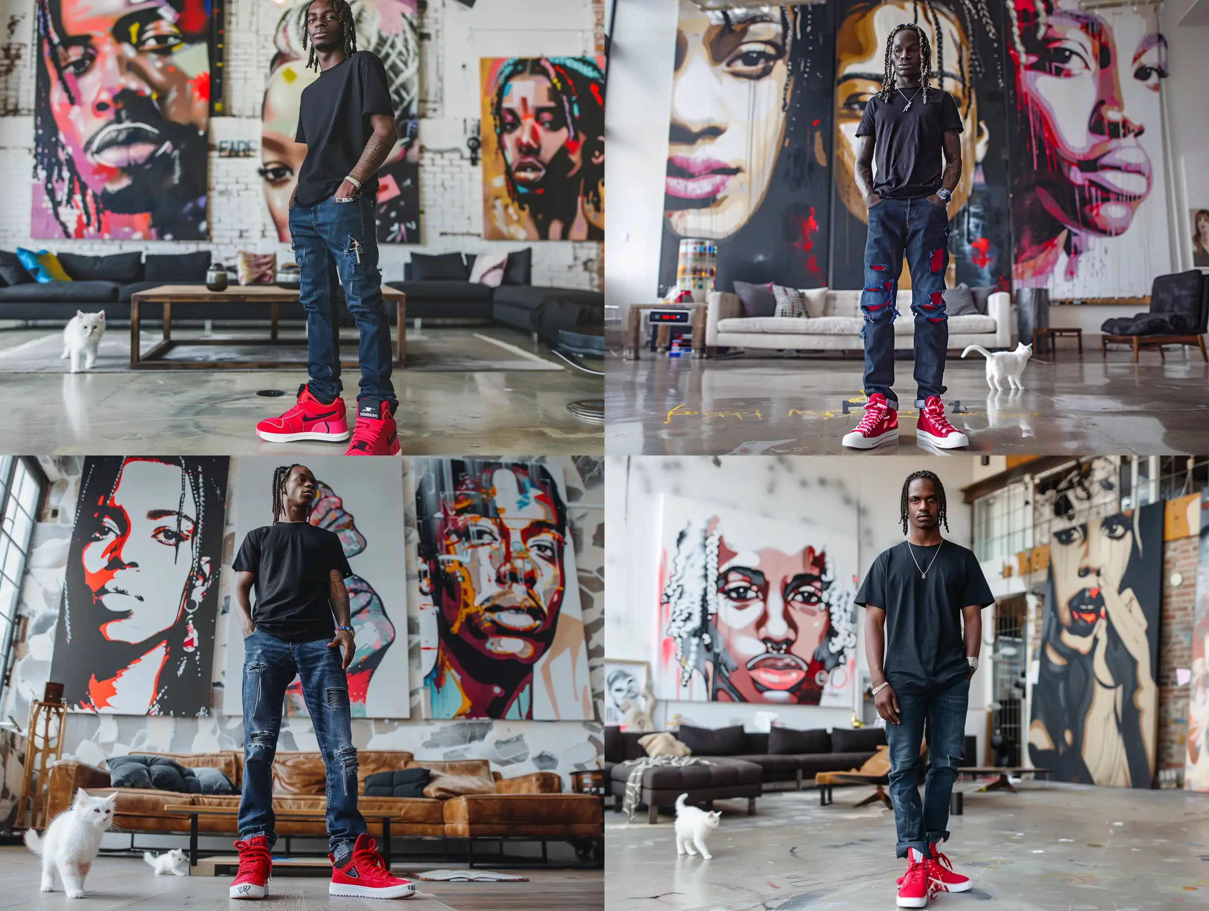 Tall black male model, hip-hop style, with relaxed dark blue jeans, black t-shirt, red custom sneakers, braids in hair, standing in a big luxury loft, with modern furniture, very big abstract portrait paintings, of women faces, on a canvas, on the walls. and a white kitten walking around.