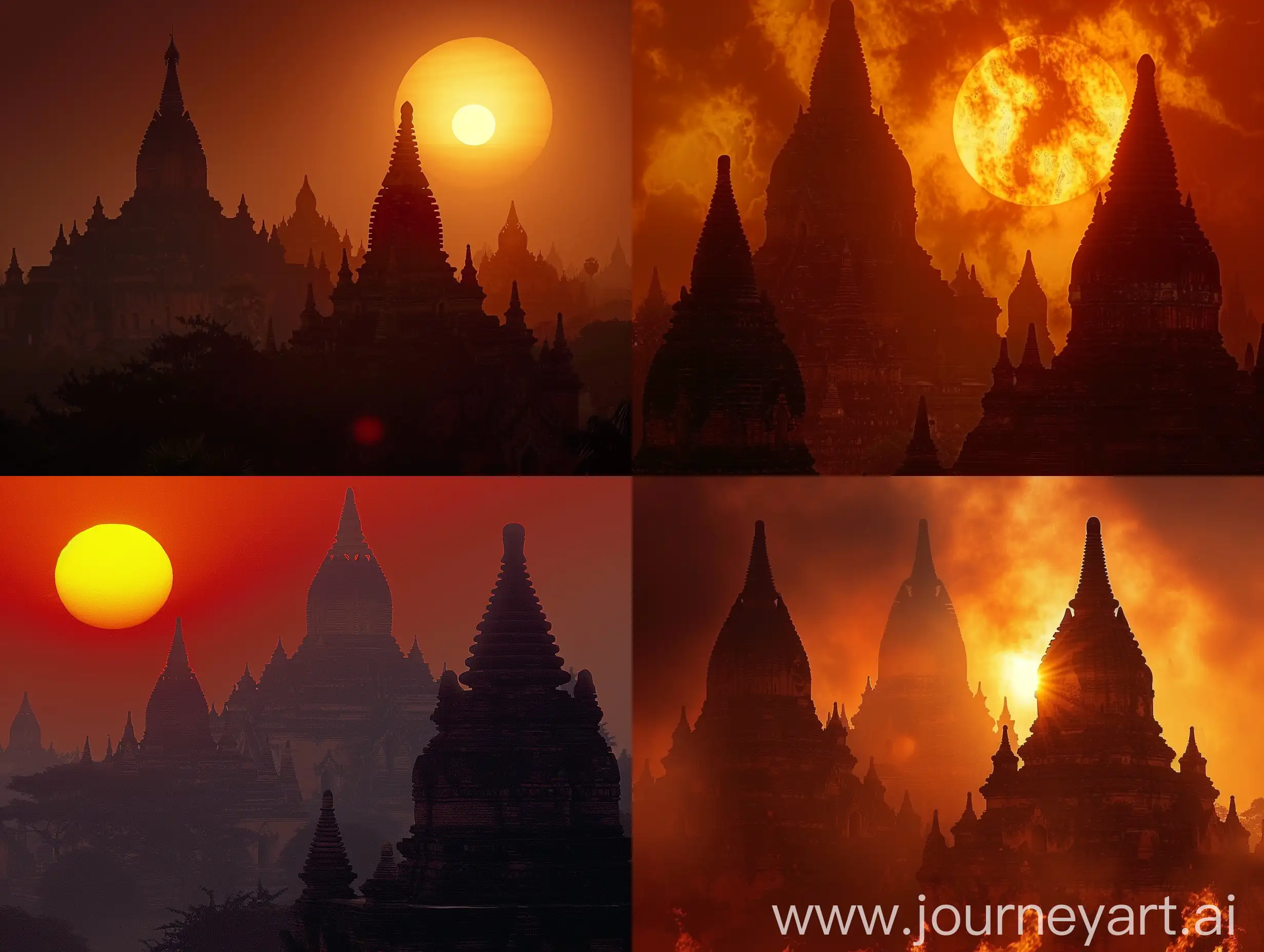 A mesmerizing image of the temples of Bagan silhouetted against the fiery hues of the setting sun. The ancient structures stand as silent witnesses to the passage of time, their intricate carvings and architectural details a testament to the craftsmanship of their creators.