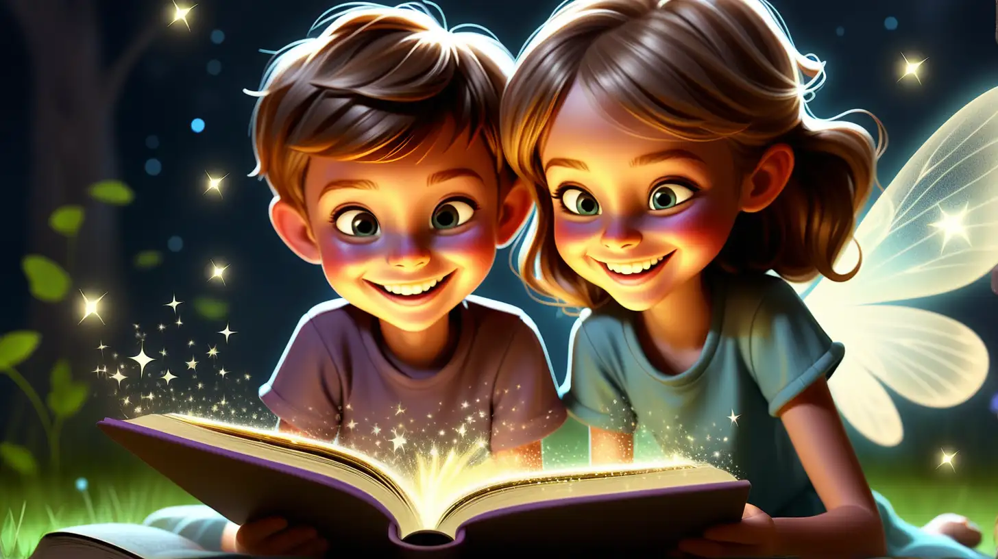 Joyful Kids Reading Glowing Magic Book with Sparkles