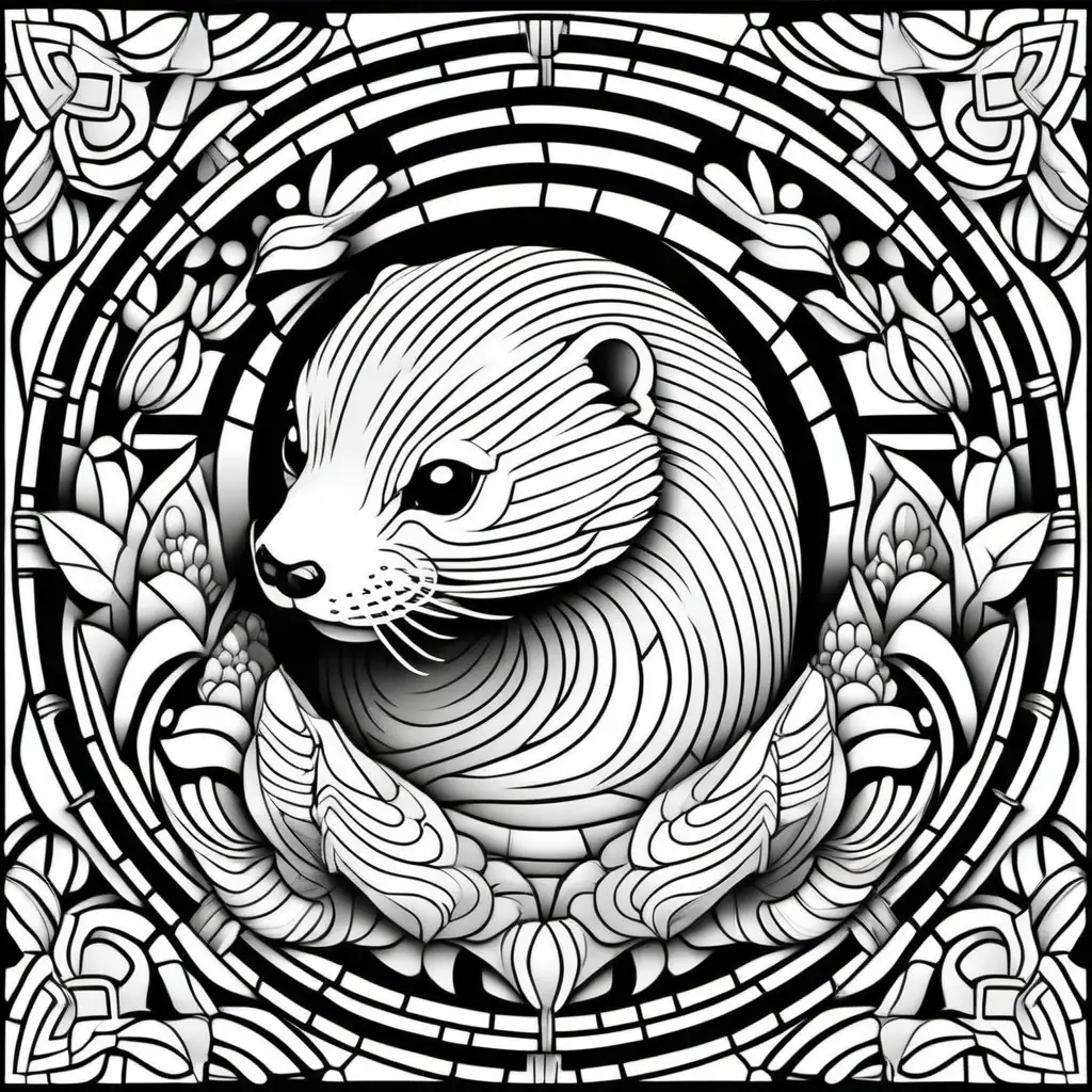 black and white illustration of otter , depicted in a paper mosaic style, for coloring page,black and white, coloring page, clear defined dark lines and line border, no shadows, no greying, without the use of shadows or any form of graying. Emphasize clean lines, distinct shapes, and solid, non-gradient fills to maintain a simplistic and high-contrast appearance suitable for coloring, white areas, white background, only white areas, no filled areas, black and white only, do not use grey or black as a filling for areas!!! little detail