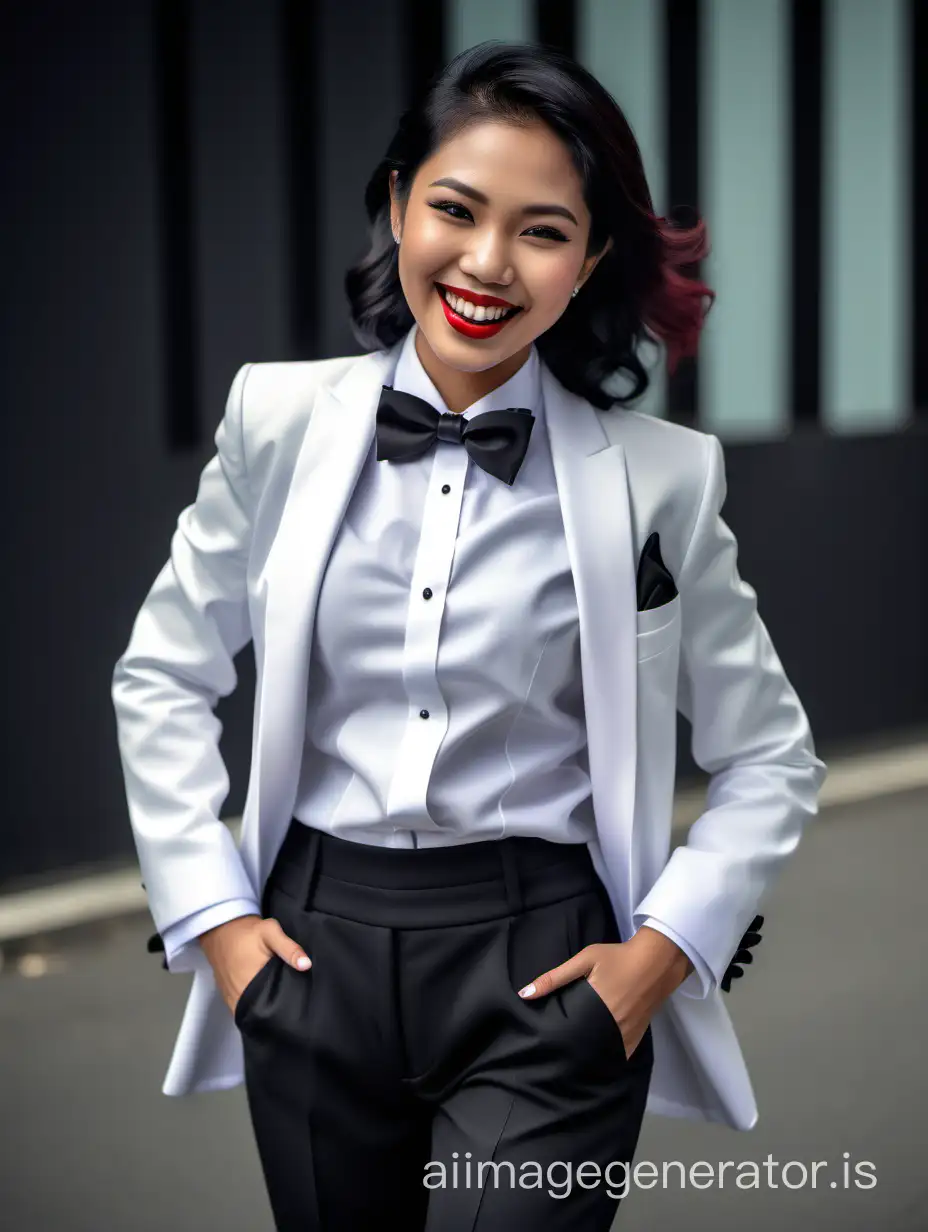 Beautiful indonesian woman with shoudler length hair and lipstick wearing a a black tuxedo with a white  jacket.  Her shirt is white with double french cuffs and a wing collar.  Her bowtie is black.  Her cummerbund is black.  Her pants are black.  Her cufflinks are black.  She is smiling and laughing.  She is relaxed.  Her jacket is open.