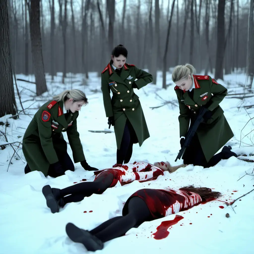 crime scene three women in military coats shot dead killed murdered in forest lying dead in snow and blood