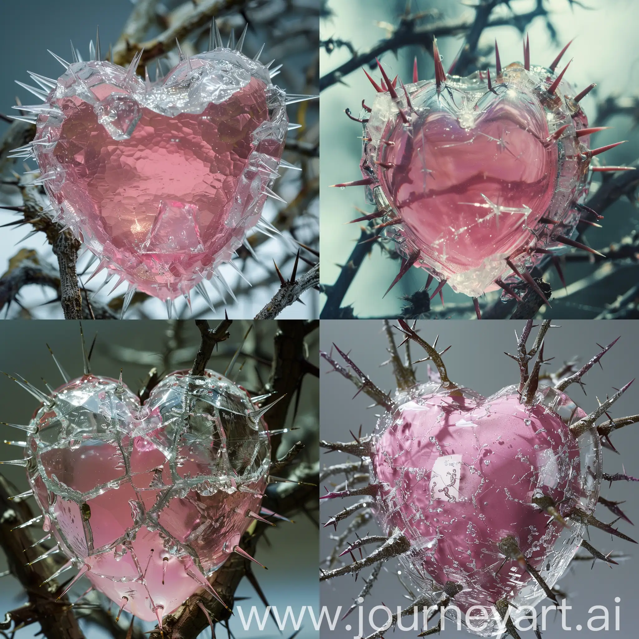 A pink heart covered by clear glass. Outside the clear glass, there were sharp thorns surrounding it.