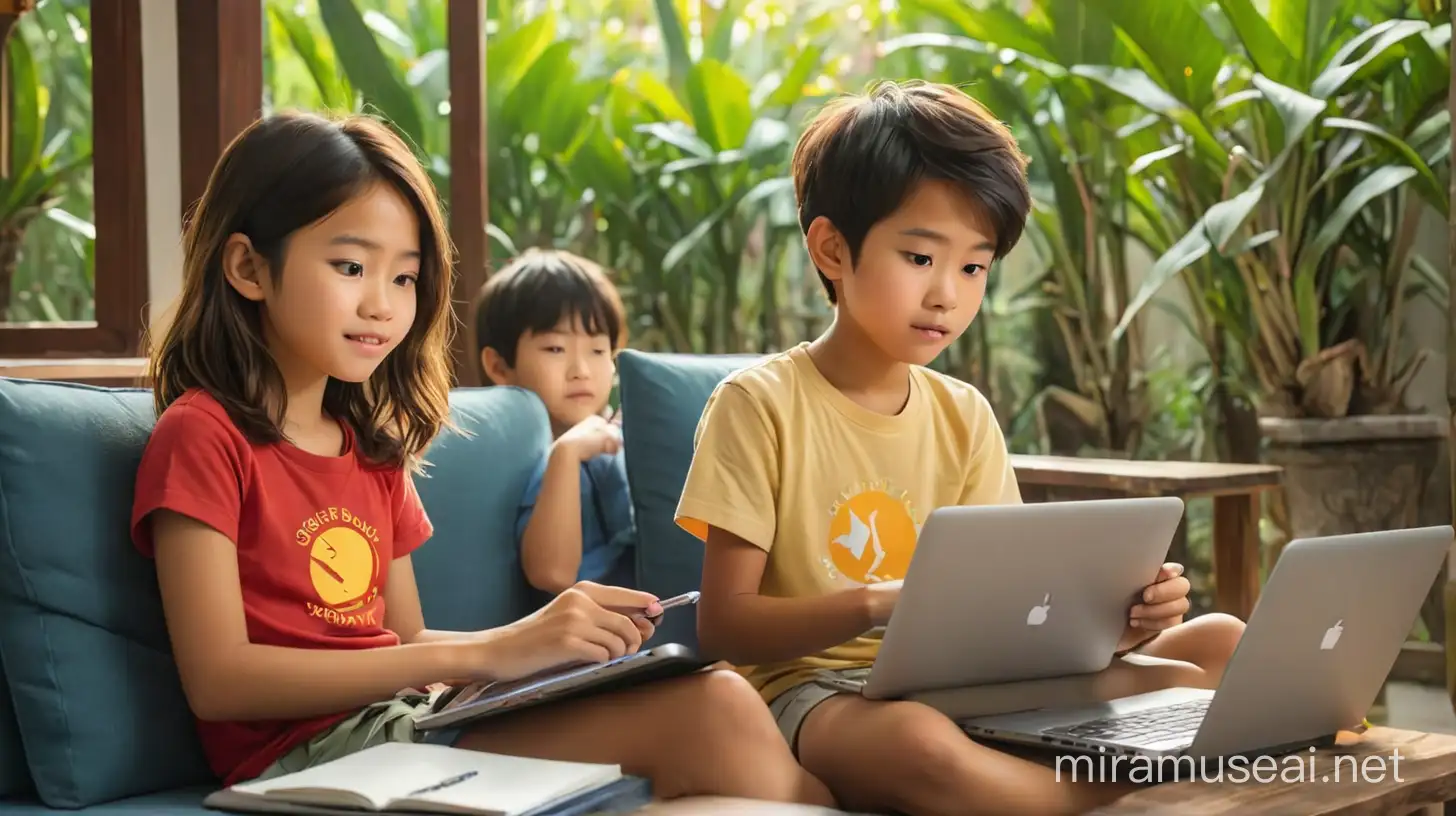 Vietnamese boy and girl using Geniebook on various devices (laptops, tablets, phones with Geniebook logo) in different settings (indoors, outdoors, at a desk, on a couch) the background is tropical place with sunshine