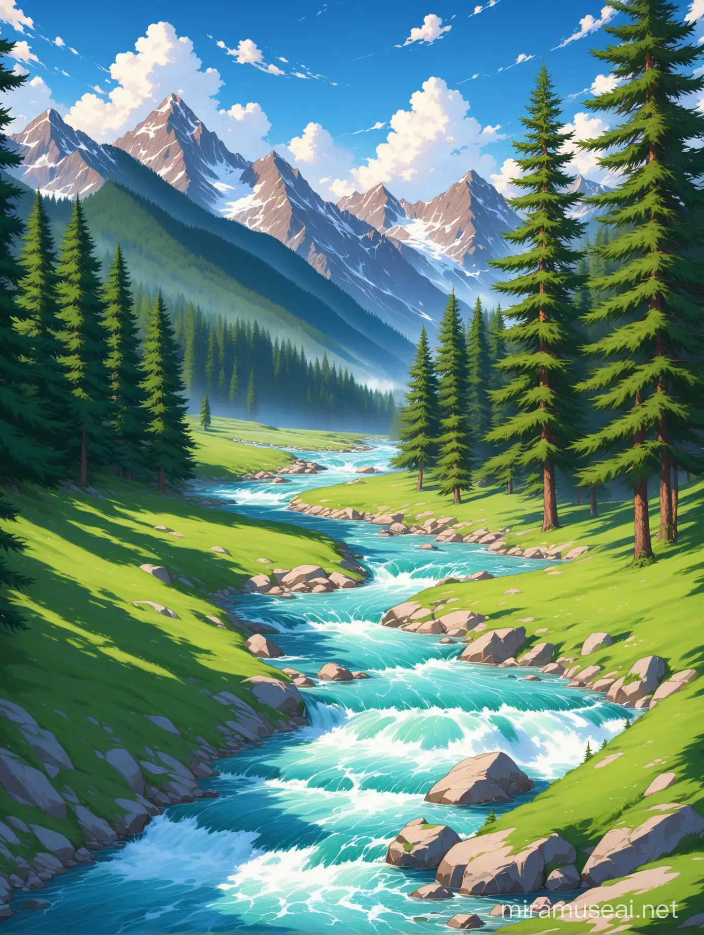Stunning Mountain Forest Landscape with Torrent and Majestic Peaks