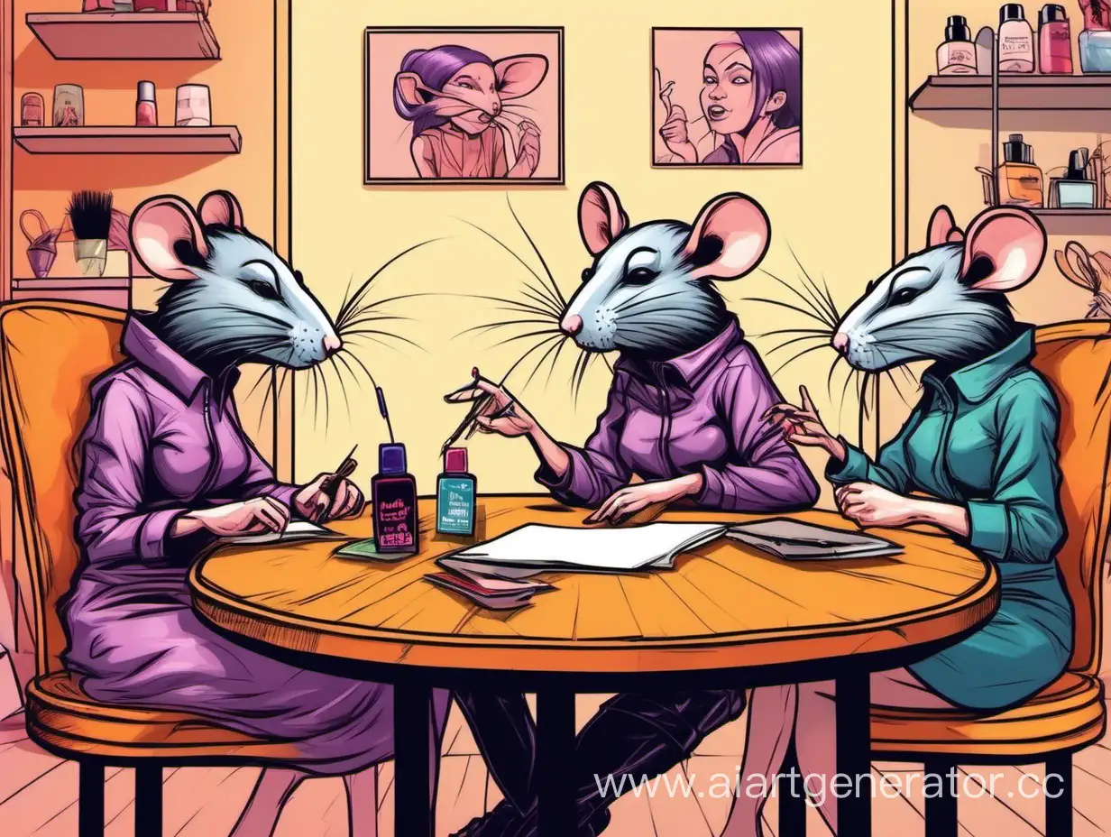 Две крысы девочки и одна крыса мужчина сидят за столом и обсуждают темы,на фоне логотип с лаком для ногтей в уютной квартире