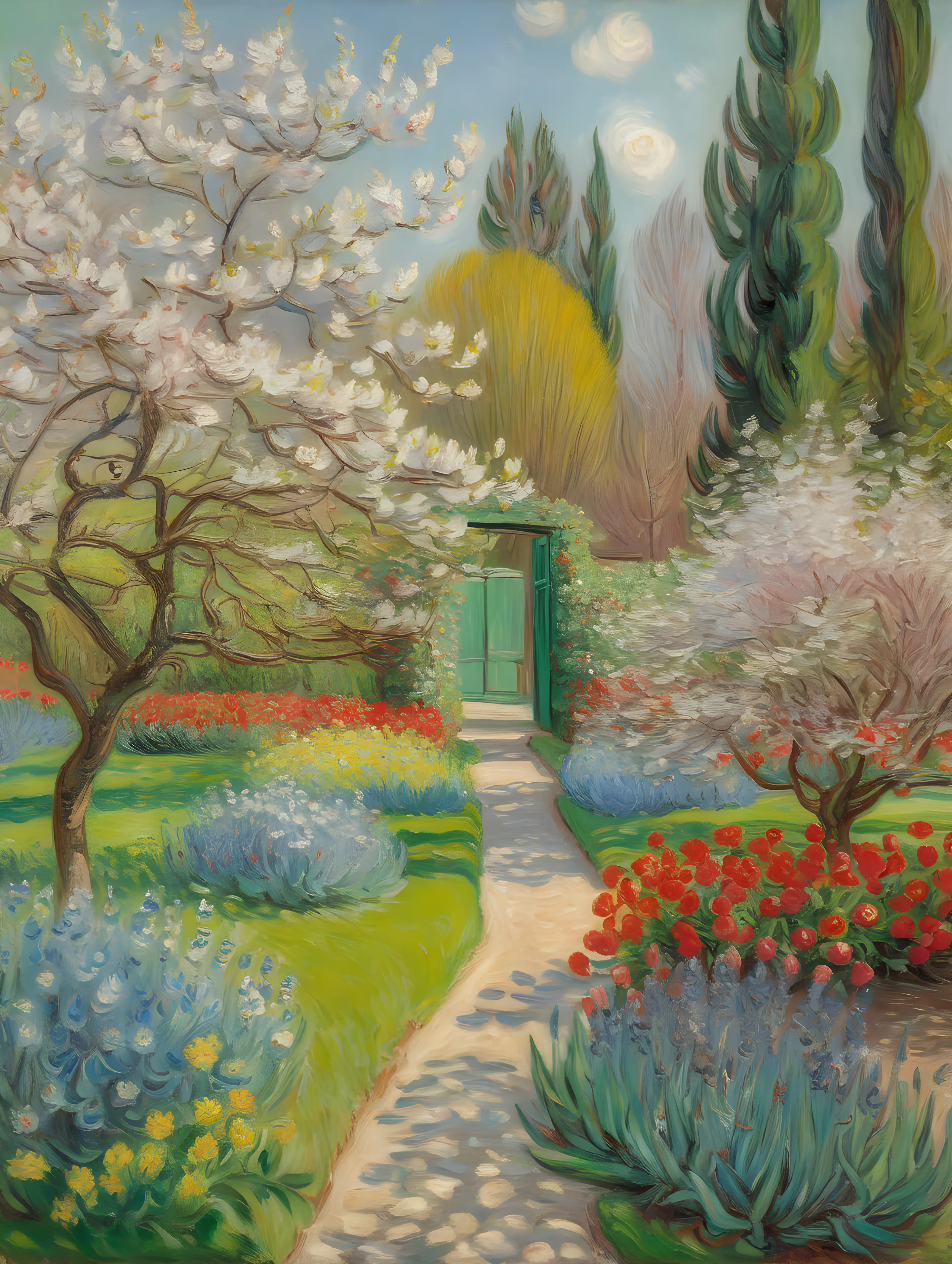 Monet, van gogh, oil painting with fine details, 19th century European garden in spring, bright colours with a dash of red, depth of field, --ar 3:4 --s 100 --q 2