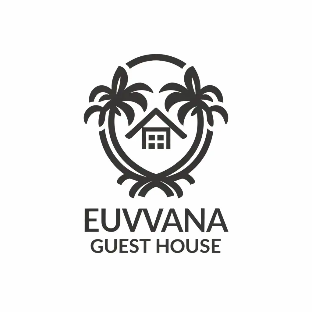 a logo design,with the text "Euvana Guest House", main symbol:Palm tree against house,complex,clear background