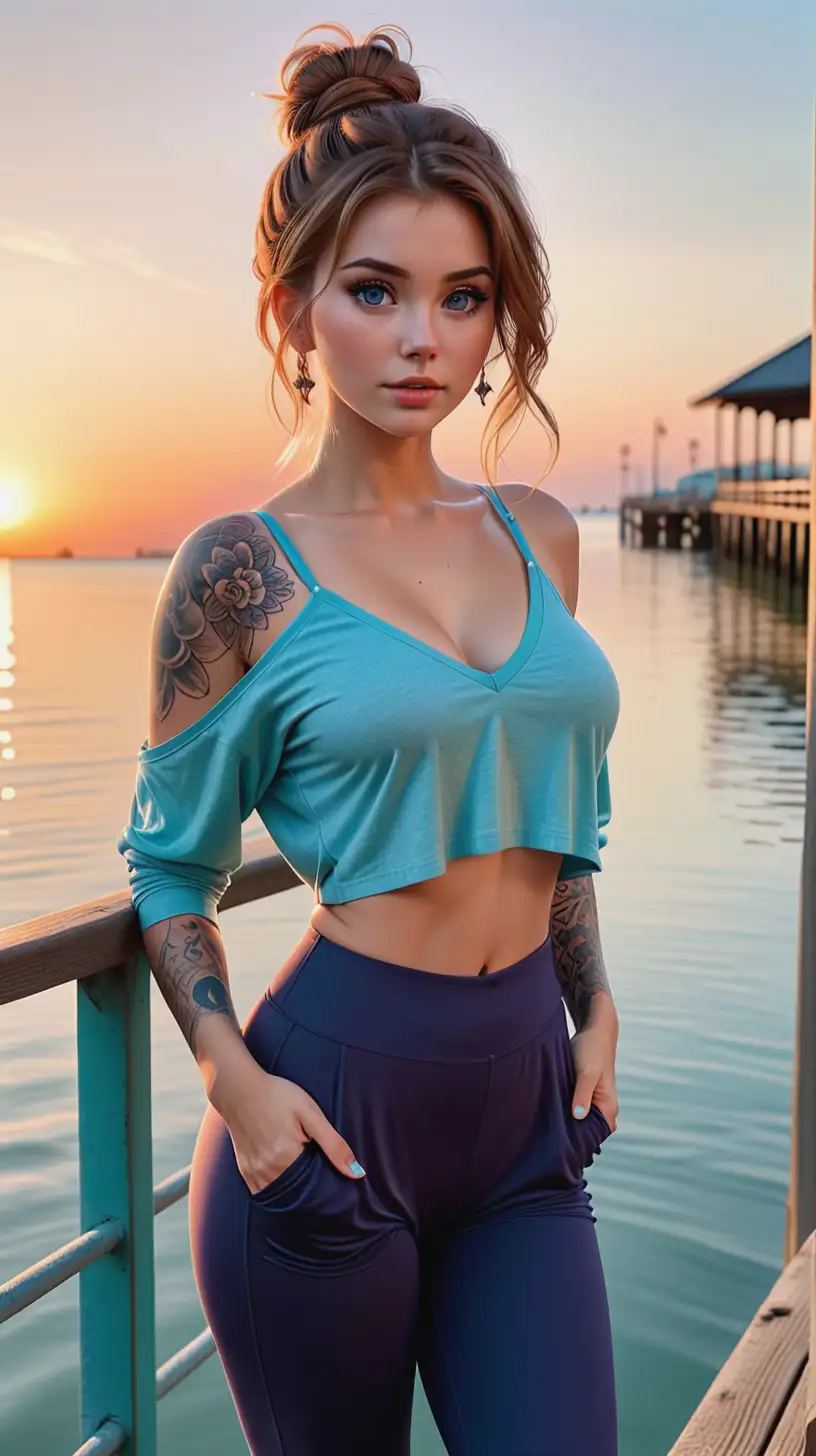 irresistible gorgeous princess Anna with auburn messy bun, during sunset on a pier, wearing a oversized v-neck crop top and leggings, shirt over one shoulder, standing with legs apart, as an adult, ideal gorgeous face, ideal slim body, highly detailed eyes, toned legs, perfect feet, wrist tattoo, looking at viewer, blush, shy, big blue eyes, hyper realistic, ultra detail