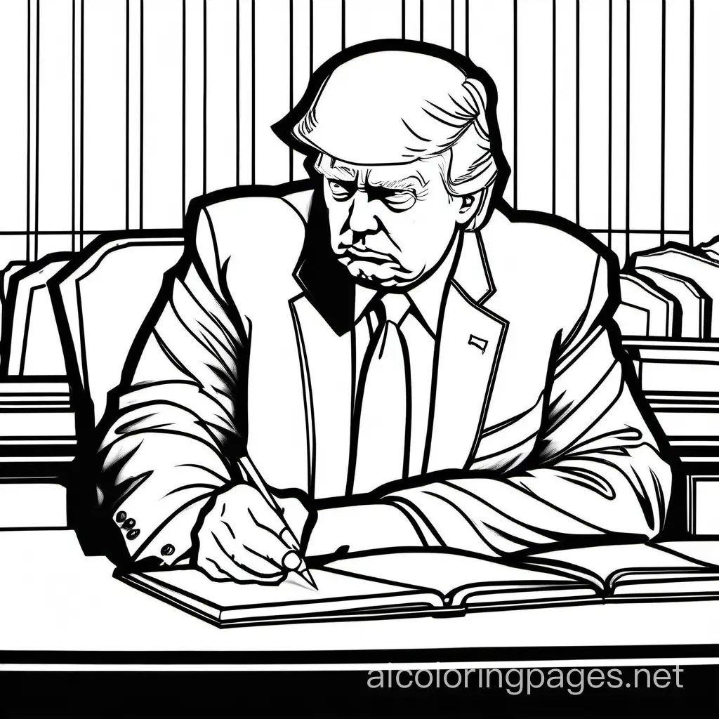 Donald trump looking down coloring while in court, Coloring Page, black and white, line art, white background, Simplicity, Ample White Space. The background of the coloring page is plain white to make it easy for young children to color within the lines. The outlines of all the subjects are easy to distinguish, making it simple for kids to color without too much difficulty