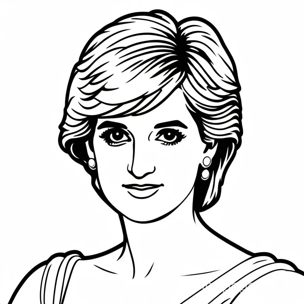 Princess Diana , Coloring Page, black and white, line art, white background, Simplicity, Ample White Space. The background of the coloring page is plain white to make it easy for young children to color within the lines. The outlines of all the subjects are easy to distinguish, making it simple for kids to color without too much difficulty